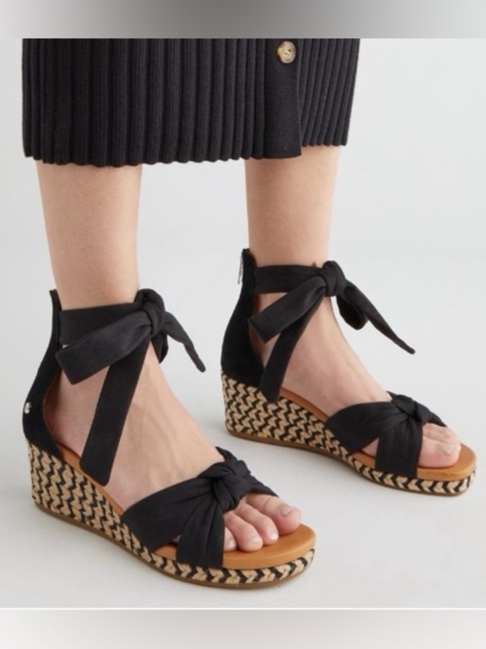 UGG Black Knotted Ankle-Tie Espadrille Wedge 8.5 fit 9